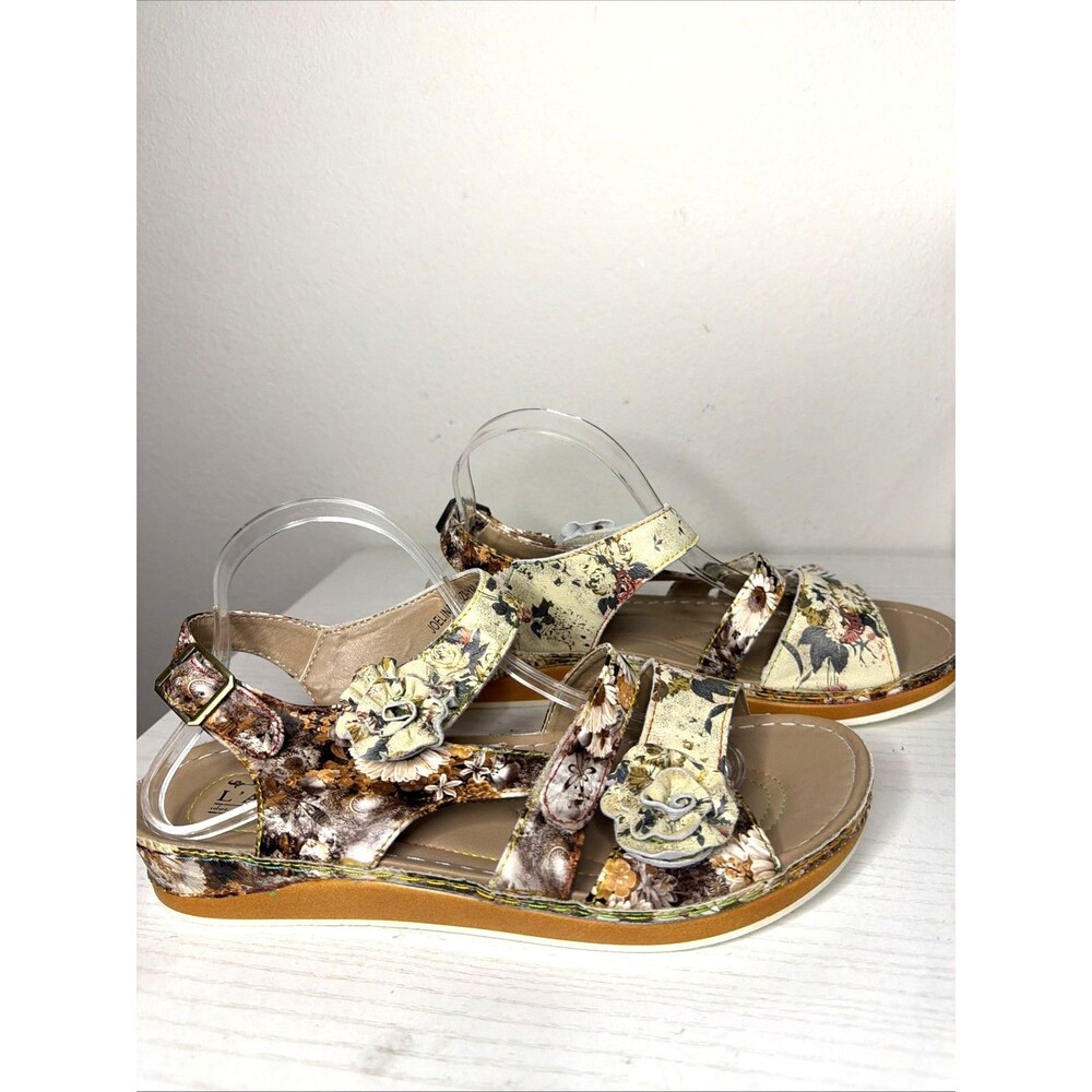 L ‘Artiste Joelina Leather Sandals 41 (9.5-10) Boho Floral Adjustable Strap EUC